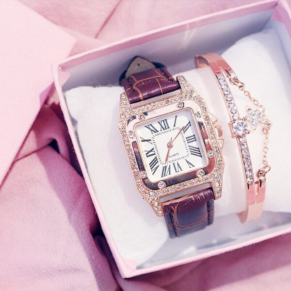 Beautifully Packed 2pcs/set ladies fashion elegant square dial belt quartz watch+star bracelet watch