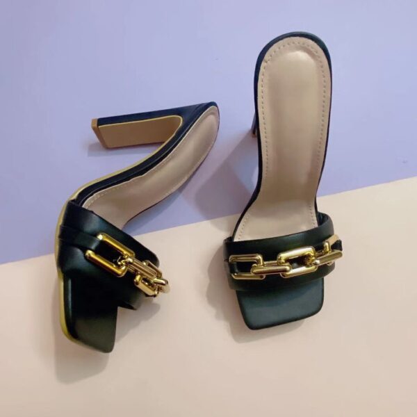 2021 Summer Elegant Women's Slippers Fashion New Metal Chain Decoration High Heels Mules Slides Pumps Square Toe Ladies Shoes