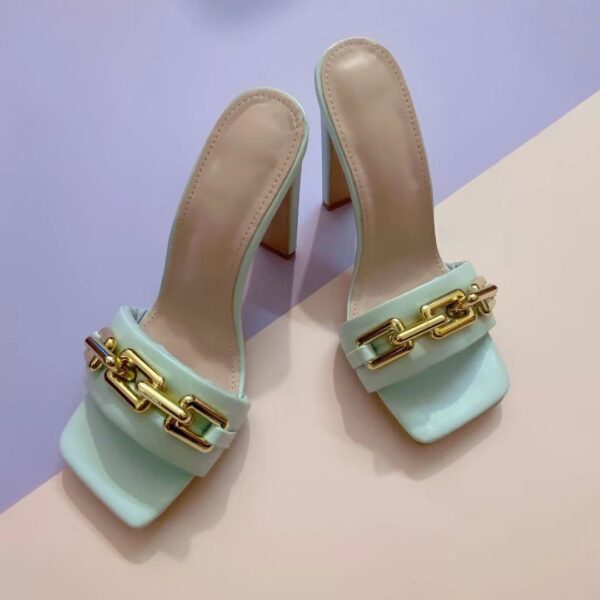 2021 Summer Elegant Women's Slippers Fashion New Metal Chain Decoration High Heels Mules Slides Pumps Square Toe Ladies Shoes
