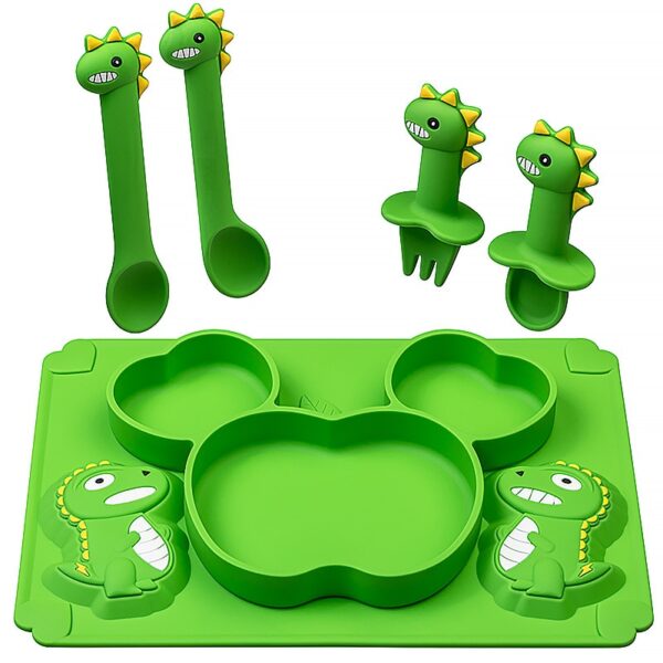 Baby Silicone Plate Dinosaur Cartoon Soft Spoon Feeding Training Utensils Children Silicone Tableware Set