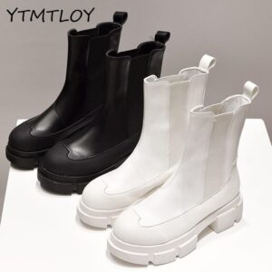Soft Patent Leather Platform Boots Women Round Toe Boots Women Solid Black Designer Ankle Women's Boots Botines Rojos Mujer