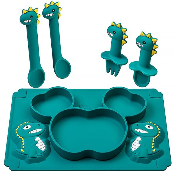 Baby Silicone Plate Dinosaur Cartoon Soft Spoon Feeding Training Utensils Children Silicone Tableware Set