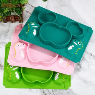 TYRY.HU Baby Silicone Tableware set 0-12 Months Dinosaur Cartoon Feeding Training Bowl Spoon Fork Non-slip Dinner Plate